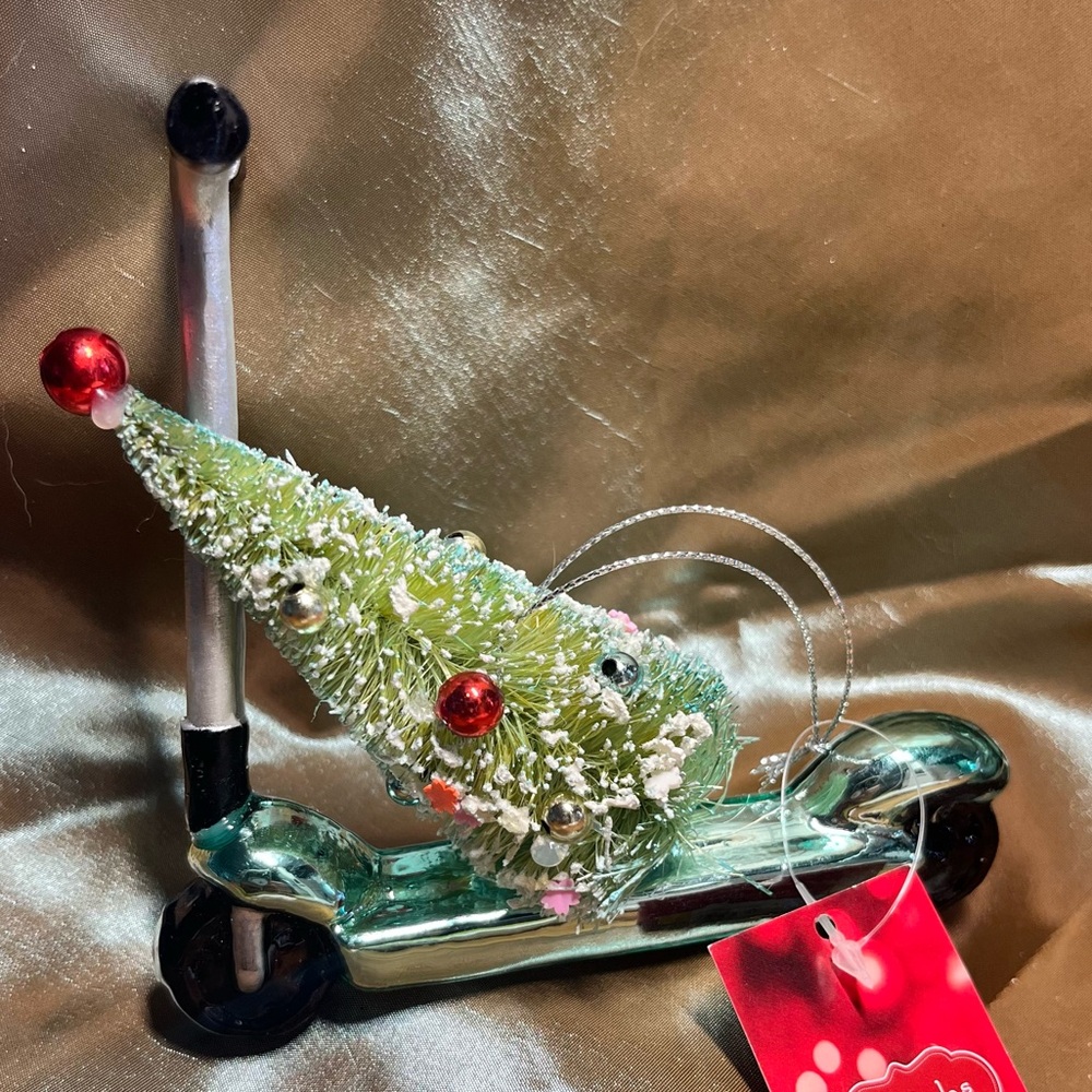 Christmas Ornament Festive Green Scooter Tree St. Nicholas Square Glass Snow